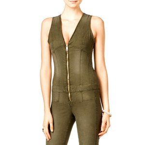 Guess Zip-Front Denim Jumpsuit, olive green